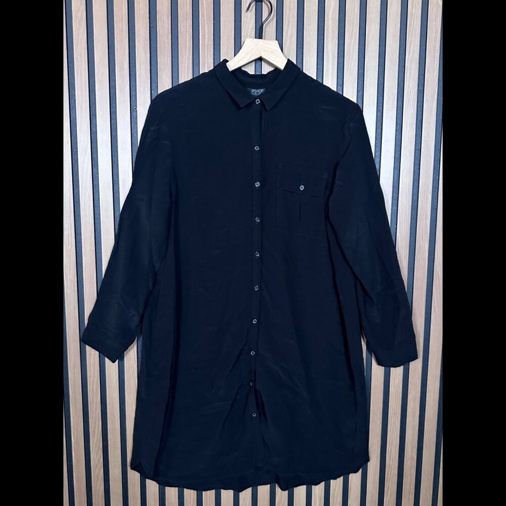 Topshop Shirt Dress 6 / S Womens Black Pocket Long Sleeve Roll Tab